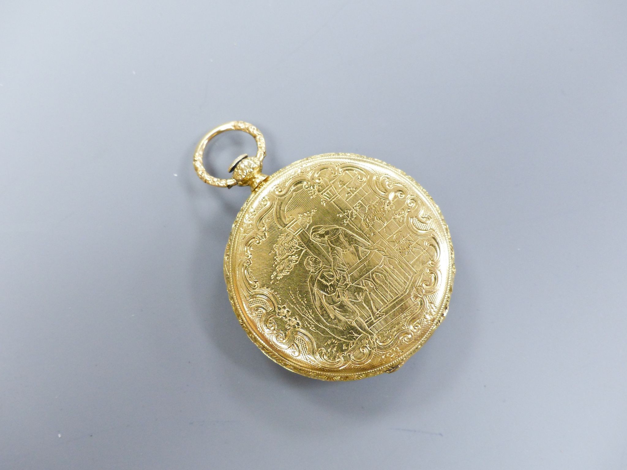 A cased 19th century continental engraved yellow metal open faced fob watch, case diameter 36mm, gross weight 26.6 grams, with watch key.